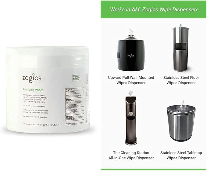 Zogics Sanitizing Wipes and Tabletop Stainless Steel Wipe Dispenser