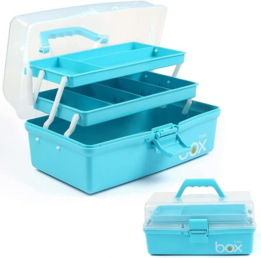 12in Three-Layer Multipurpose Storage Box Organizer Folding Tool Box/Art & Crafts Case/Sewing Supplies Organizer/Medicine Box/Family First Aid Box with 2 Trays (Blue)