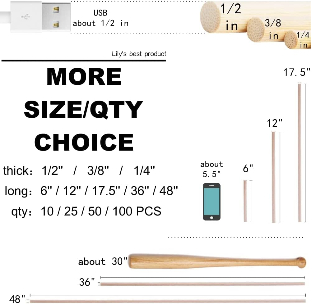HOPELF 100PCS Dowel Rods - 1/8 x 12 Inch Bamboo Sticks - for Crafts, Cake Dowels and DIYers