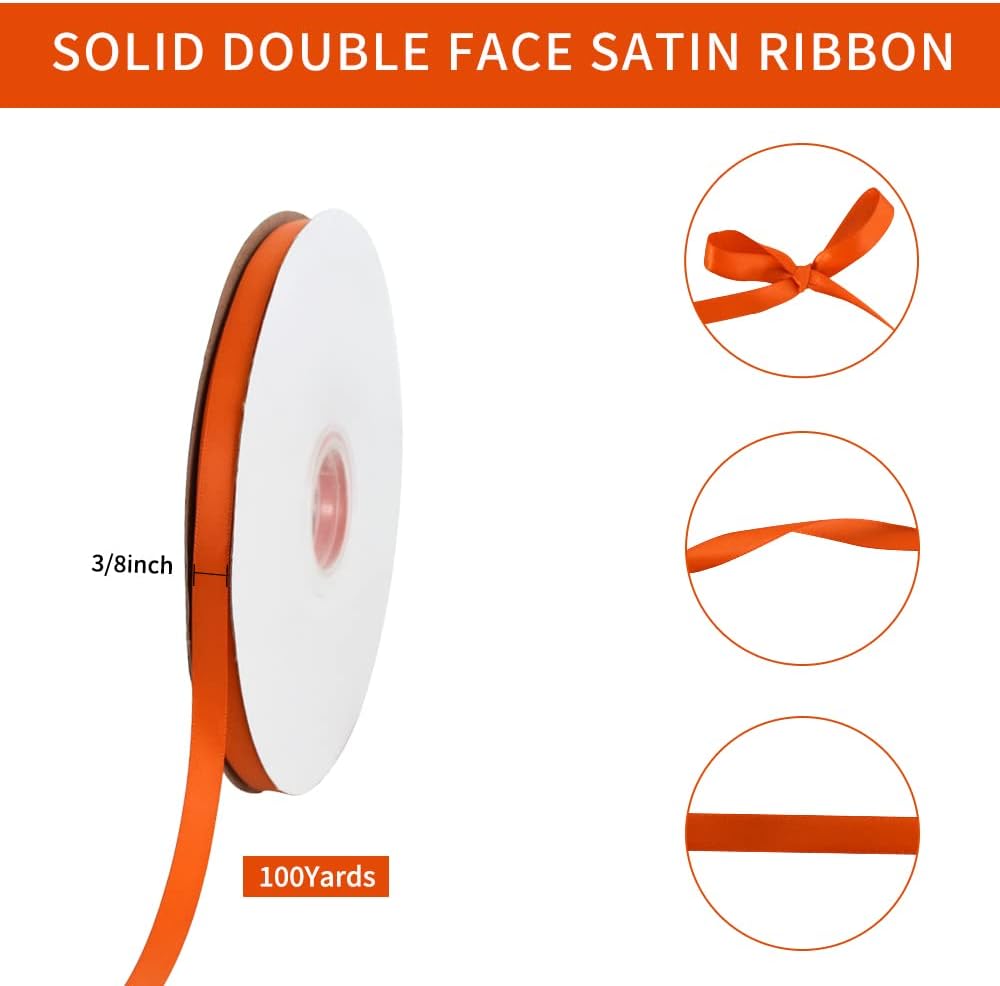 TONIFUL 3/8 Inch x 100yds Orange Satin Ribbon Thin Solid Fabric Ribbons for Gift Wrapping Floral Balloons Craft Sewing Party Wedding Popsicles Decoration Valentine's Day Bouquet Thanksgiving