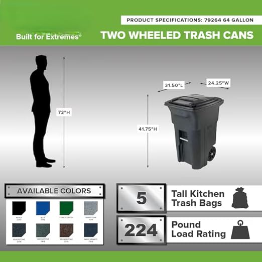Premium 64 Gallon Black Wheeled Trash Can Bundle – Heavy Duty Municipal-Style Outdoor Garbage Container with Hinged Lid, Odor Control System, Fragrance Packets & Liners for Home, HOA & Commercial Use