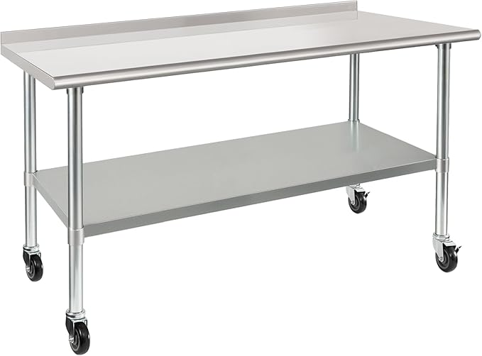 HARDURA Stainless Steel Table 30 x 60 Inches with Wheels Casters NSF Heavy Duty Commercial Prep Table with 2” Backsplash and Adjustable Undershelf for Restaurant Kitchen Home and Hotel