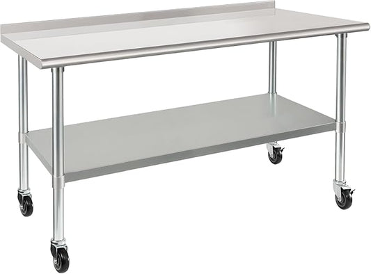 HARDURA Stainless Steel Table 30 x 60 Inches with Wheels Casters NSF Heavy Duty Commercial Prep Table with 2” Backsplash and Adjustable Undershelf for Restaurant Kitchen Home and Hotel