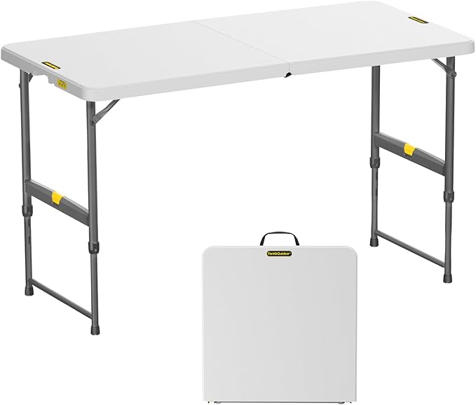 FanttikOutdoor 4ft Portable Folding Table, One-Handed Height Adjustment, 4 Heights, Gravity Lock, Carry Handle, Indoor Outdoor Heavy Duty Fold-in-Half Utility Table, Party, 1 Pack, White Zeta X4 Pro