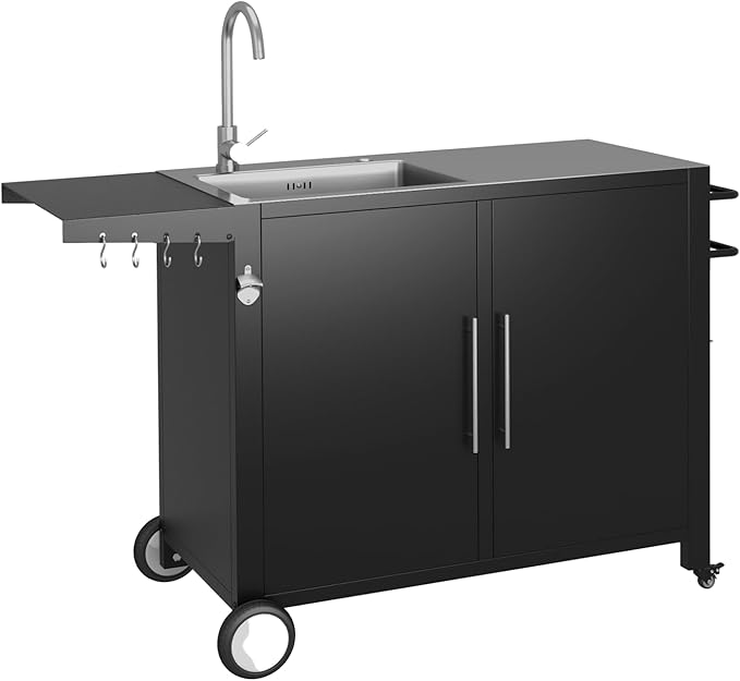 Grill Table with Sink, Outdoor Stainless Steel Kitchen Island Cabinets Sink Station with Hose Hook up & Lockable Casters, Rolling BBQ Table for Backyard