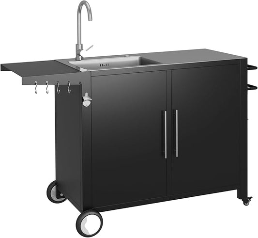 Grill Table with Sink, Outdoor Stainless Steel Kitchen Island Cabinets Sink Station with Hose Hook up & Lockable Casters, Rolling BBQ Table for Backyard