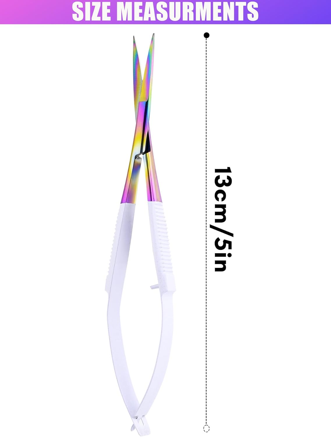 Cross Edge Spring Scissors 5 Inch straight Stainless-Steel Precision Eyebrow & Eyelash Shaping Trimming Scissor, Squeeze, Embroidery, Knitting Micro Tip Craft Scissors (Rainbow Glitter White)