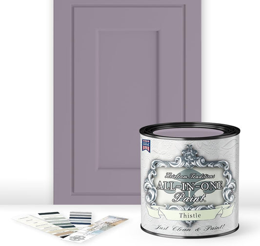 ALL-IN-ONE Paint, Durable cabinet and furniture paint. Built in primer and top coat, no sanding needed. Includes our 30 featured color card - Thistle (gray purple), Quart