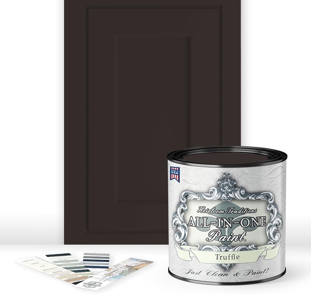 ALL-IN-ONE Paint, Durable cabinet and furniture paint. Built in primer and top coat, no sanding needed. Includes our 30 featured color card - Truffle (warm, dark brown), Quart