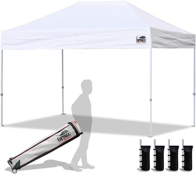 Eurmax USA 8'x12' Pop Up Canopy Tent Commercial Instant Canopies with Heavy Duty Roller Bag,Bonus 4 Sand Weights Bags (White)