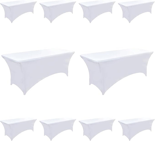 10-Pack 6ft White Spandex Table Covers for Rectangle Standard Folding Tables - Wrinkle Resistant Stretch Tablecloths - Ultimate Fitted Table Protector for Parties, Banquet, Wedding