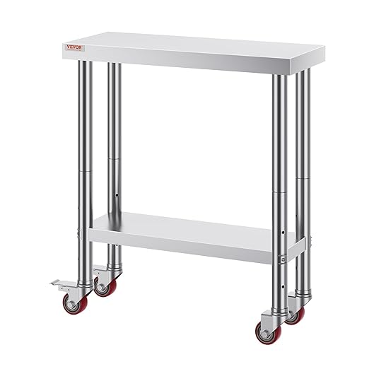 VEVOR Stainless Steel Work Table 30 x 12 x 34 Inch, 700 LBS Load Capacity with 4 Wheels, 3 Adjustable Height Levels, Heavy Duty Food Prep Worktable for Commercial Kitchen Restaurant, Silver