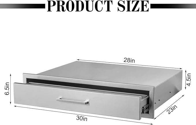 Outdoor Kitchen Drawers,Stainless Steel BBQ Single Drawer with Chrome Handle,30" W x 6.5" H x 23" D Enclosed Built-in Access Drawer Flush Mount for Outdoor Kitchen,BBQ Island