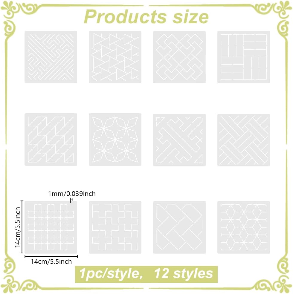 FREEBLOSS Sashiko Embroidery Stencils Sashiko Stencil Geometric Embroidery Patterns Stencils for Drawing Sashiko Template for Hand Quilting and Embroidery14x14cm