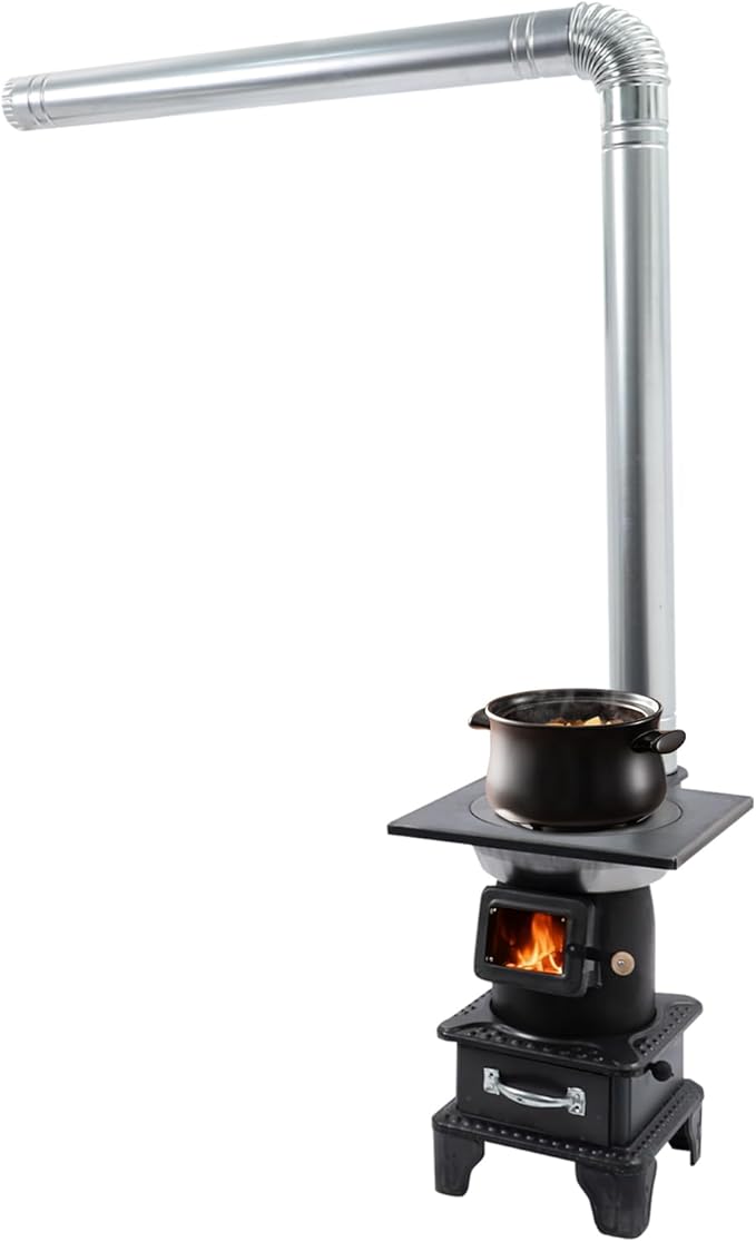 Wood Burning Stove with Chimney and Heat Shield, Outdoor Portable Heater for Camping, Cabin, Tent, Patio, Ice Fishing, Use with Firewood Coal, Carbon Steel, 3-Size Cooktop