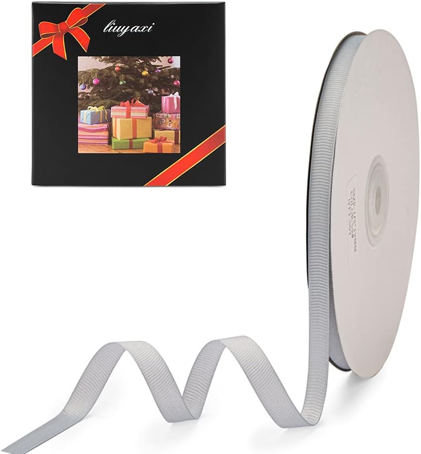 LIUYAXI 10 mm X 50 Yards Solid Silver Grosgrain Ribbon, Perfect for Crafts, Wedding Decor, DIY Hair Accessories, Sewing, Gift Package Wrapping and More