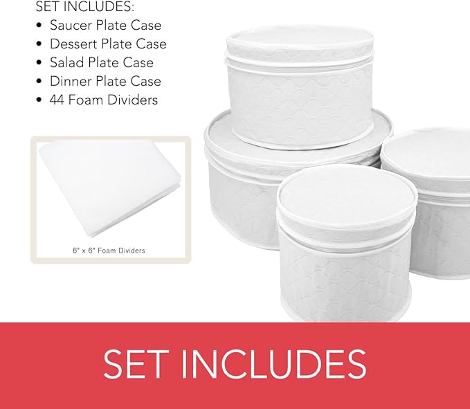 LAMINET 4 Piece Quilted Plate Storage Set - Holds Up to 48 Plates with Padded Inserts - WHITE