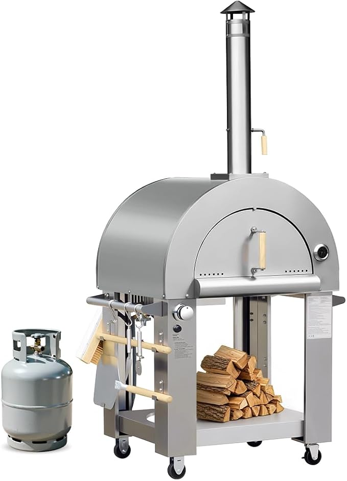 KOSTCH 32.5 inch Wood Fired and Propane Gas Pizza Oven for Outdoor Kitchen in Stainless Steel, Large Pizza Oven for Outside, Yard and Party