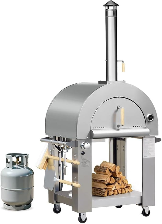 KOSTCH 32.5 inch Wood Fired and Propane Gas Pizza Oven for Outdoor Kitchen in Stainless Steel, Large Pizza Oven for Outside, Yard and Party