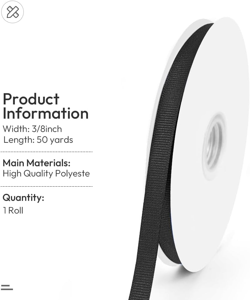 3/8" X 50 Yards Black Grosgrain Ribbon, Premium Grosgrain Ribbon for Sewing, Gift Wrapping, Bow Making, Wedding Decor, Wrapping and More (Black)