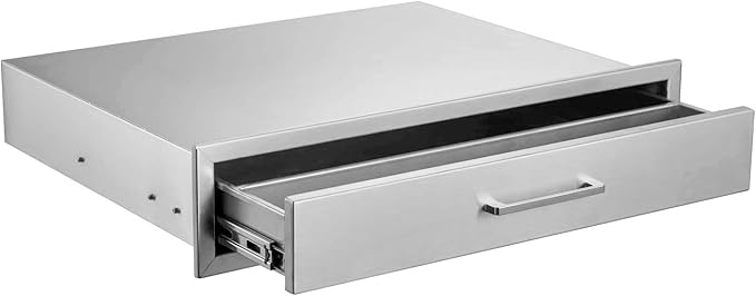 Outdoor Kitchen Drawers,Stainless Steel BBQ Single Drawer with Chrome Handle,30" W x 6.5" H x 23" D Enclosed Built-in Access Drawer Flush Mount for Outdoor Kitchen,BBQ Island