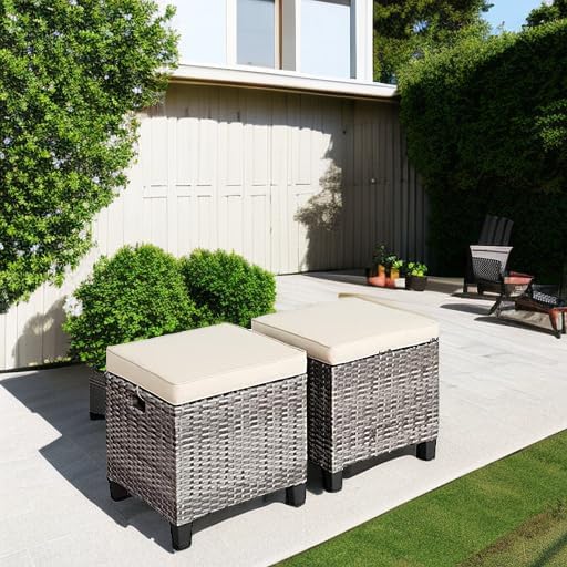 Tangkula 2 Pieces Patio Rattan Ottomans, Outdoor Wicker Footstool Footrest Seat with Soft Cushions and Steel Frame, All-Weather Patio Ottoman Set for Backyard Garden Poolside