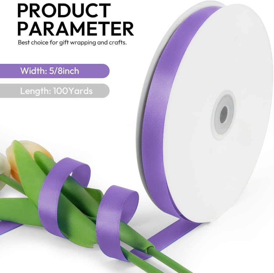 5/8 Inch 100 Yards Satin Ribbon Light Purple, Solid Color Fabric Ribbon for Gift Wrapping, Wedding, Polyester Gift Ribbon for Birthday Party Decoration, Craft, Hair, Floral, Sewing