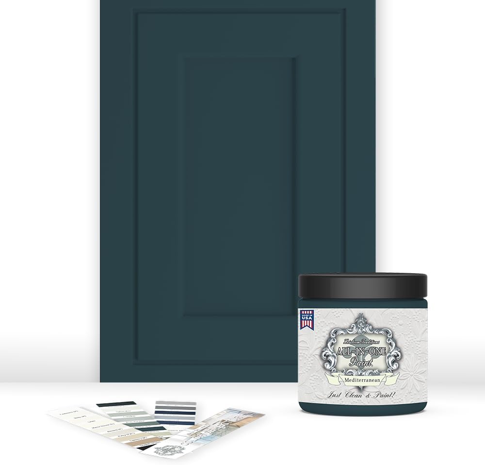 ALL-IN-ONE Paint, Durable cabinet and furniture paint. Built in primer and top coat, no sanding needed. Includes our 30 featured color card - Mediterranean (blue teal), 8oz Sample