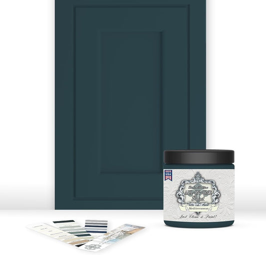 ALL-IN-ONE Paint, Durable cabinet and furniture paint. Built in primer and top coat, no sanding needed. Includes our 30 featured color card - Mediterranean (blue teal), 8oz Sample