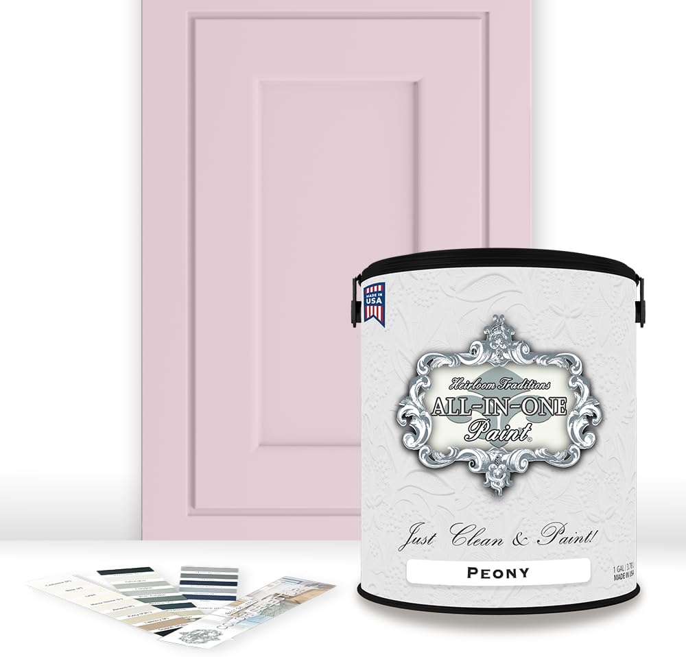 ALL-IN-ONE Paint, Durable cabinet and furniture paint. Built in primer and top coat, no sanding needed. Includes our 30 featured color card - Peony (pale pink), Gallon