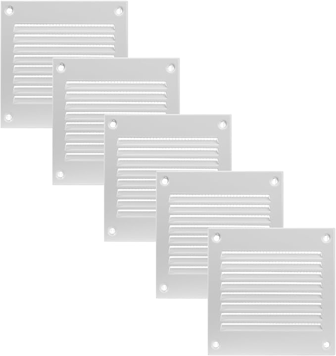 Vent Systems 4'' x 4'' Inch Pack of 5 White Air Vent Cover Metal Air Return Grill with Built in Pest Guard Screen HVAC Vent Cover for Home Improvement Vent Duct Cover 100x100 mm