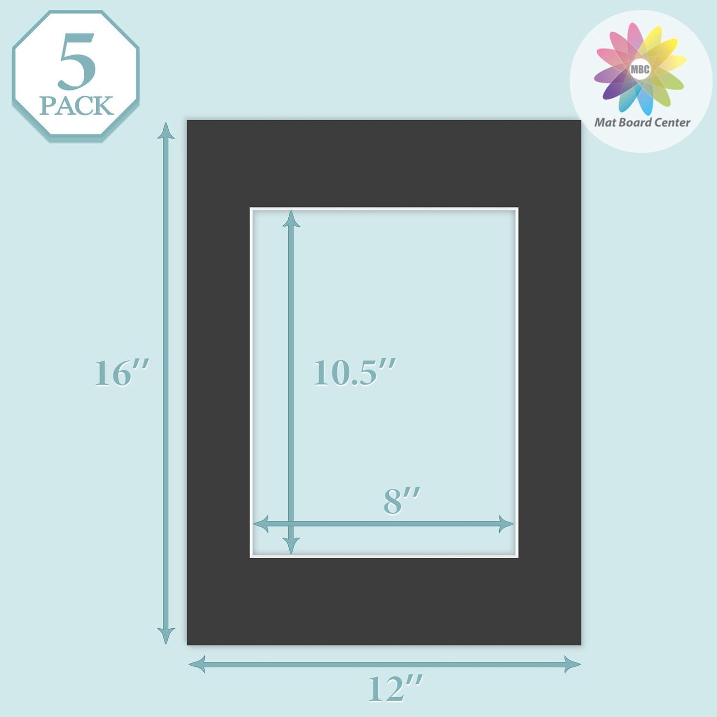 MBC Mat Board Center, 5 Pack 12x16 for 8.5x11 Black Picture Mats Frame Mattes, Bevel Cut, Acid Free, 4-ply Thickness