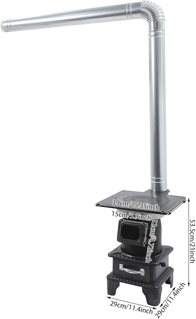 Wood Burning Stove with Chimney and Heat Shield, Outdoor Portable Heater for Camping, Cabin, Tent, Patio, Ice Fishing, Use with Firewood Coal, Carbon Steel, 3-Size Cooktop