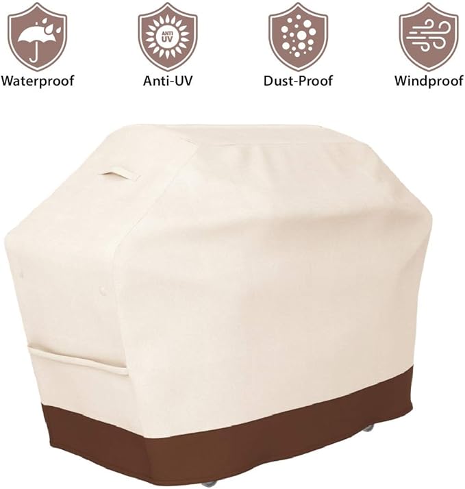 Tuyeho Grill Cover 58 x 24 x 46 inch, 600D Heavy Duty Gas BBQ Cover w/Side Fasteners Straps, Waterproof & Weather Resistant for Your Weber, Char-Broil, Brinkmann, Holland, Jenn Air (Beige & Brown)