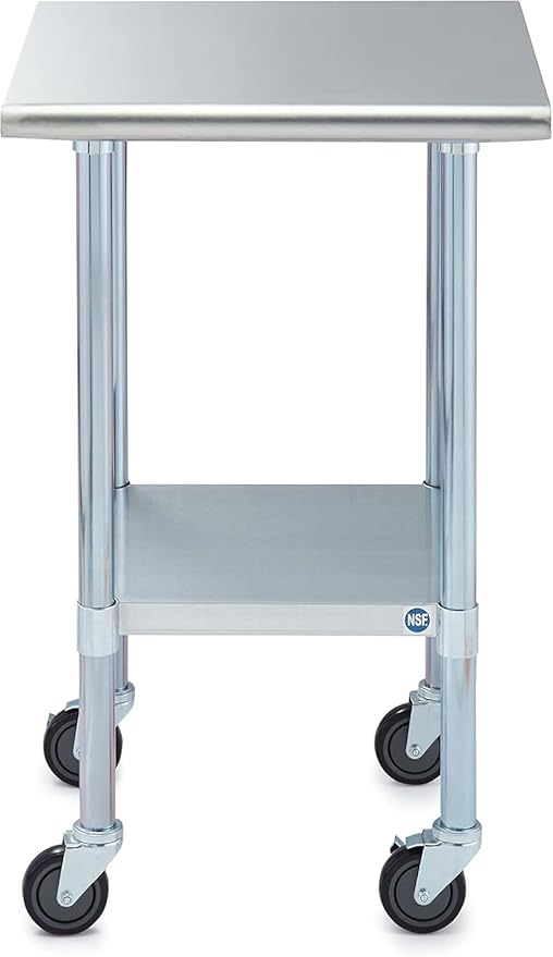 ROCKPOINT Stainless Steel Table for Prep & Work with Caster Wheels 24x24 Inches, NSF Metal Commercial Kitchen Heavy Duty Table with Adjustable Under Shelf and Table Foot for Restaurant, Home and Hotel