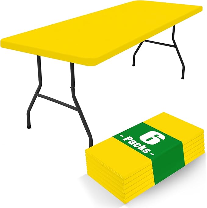 Spandex 6 Foot Rectangle Table Cloth 6 Pack, Elastic Fitted Tablecloths for Picnic, Stretch Washable Patio Table Cover for Outdoor, Camping, Banquet and Parties (Yellow, 30"x72")