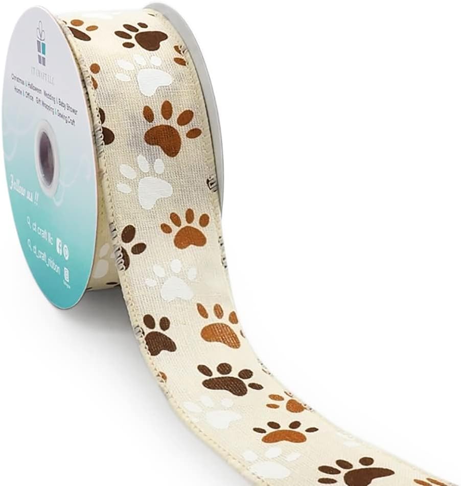 CT CRAFT LLC Ivory Canvas Dog Paw Wired Ribbon 1.5 Inch x 10 Yards for Christmas Home Decor Tree Topper Bow Gift Wrapping DIY Crafts Wreath Garland
