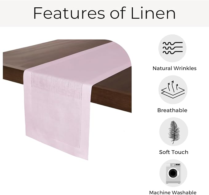 D'Moksha Homes Linen Pastel Pink Table Runner 72 Inches Long - 100% Pure Linen Hemstitch Table Runner 14 x 72 Inch for Dresser, Dining, Valentines, Spring, Easter - Classic Hemstitch
