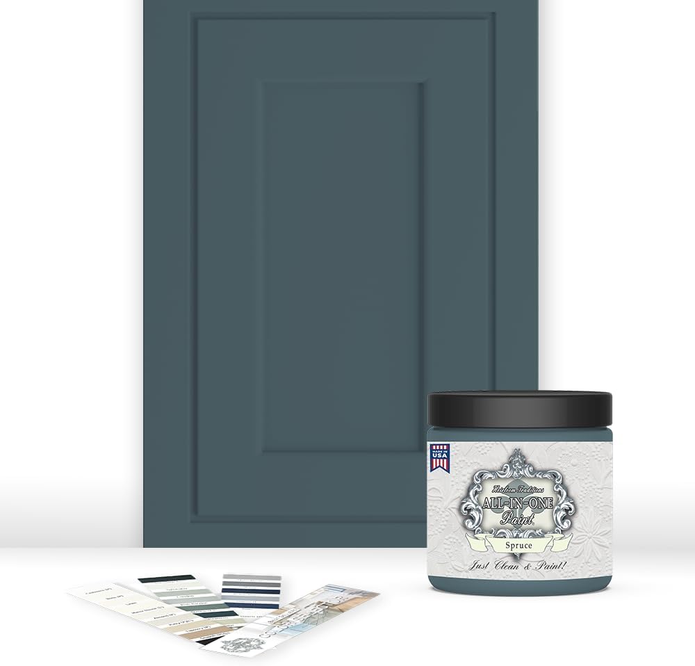 ALL-IN-ONE Paint, Durable cabinet and furniture paint. Built in primer and top coat, no sanding needed. Includes our 30 featured color card - Spruce (gray green with slight blue undertone), 8oz Sample
