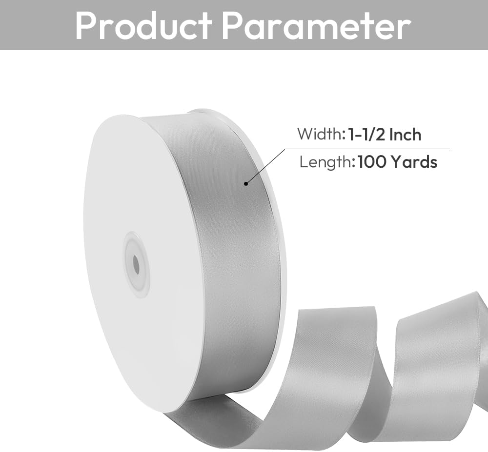 1-1/2" Width x 100 Yards Satin Ribbon, Silver Ribbon Perfect for DIY Craft, Bows, Gift Wrapping, Flower Bouquet, Valentine's Day, Christmas and Party Decoration