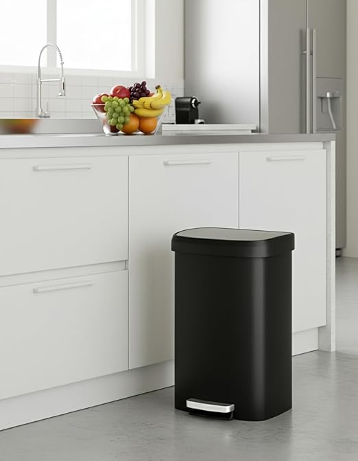 Garvee 13 Gal / 50L Large Plastic Trash Can for Kitchen, Step-On with Soft Close Lid, Liner Rim, Rustproof Garbage Bin, Rear Handle, Matte Black