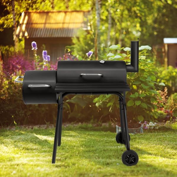 Heavy Duty Barrel Charcoal Grill with Offset Smoker, All Metal Outdoor BBQ Smoker with Front Work Table and Wheels, Portable Barbecue Grill for Backyard Garden Patio Camping Cooking, 43.7" Wide