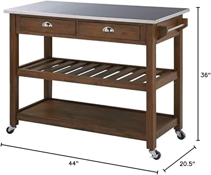 BOWERY HILL Modern Wood/Stainless Steel Kitchen Cart in Chestnut Wire-Brush