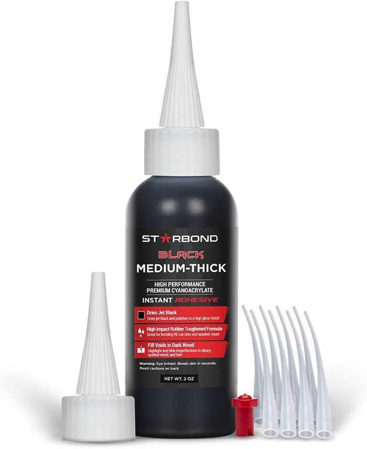 STARBOND Black Medium-Thick CA Glue, Premium Cyanoacrylate Super Glue, Knot Filler 500 CPS Viscosity, for Woodworking, Woodturning, Carpentry, Guitar, RC, Hobby, 2oz