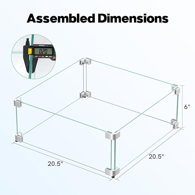 20.5 x 20.5 x 6 Inch Glass Wind Guard for Propane Gas Fire Pit Table, Square Thick Tempered Glass Shield, Firepit Glass Barrier with Aluminum Corner Bracket & Rubber Feet