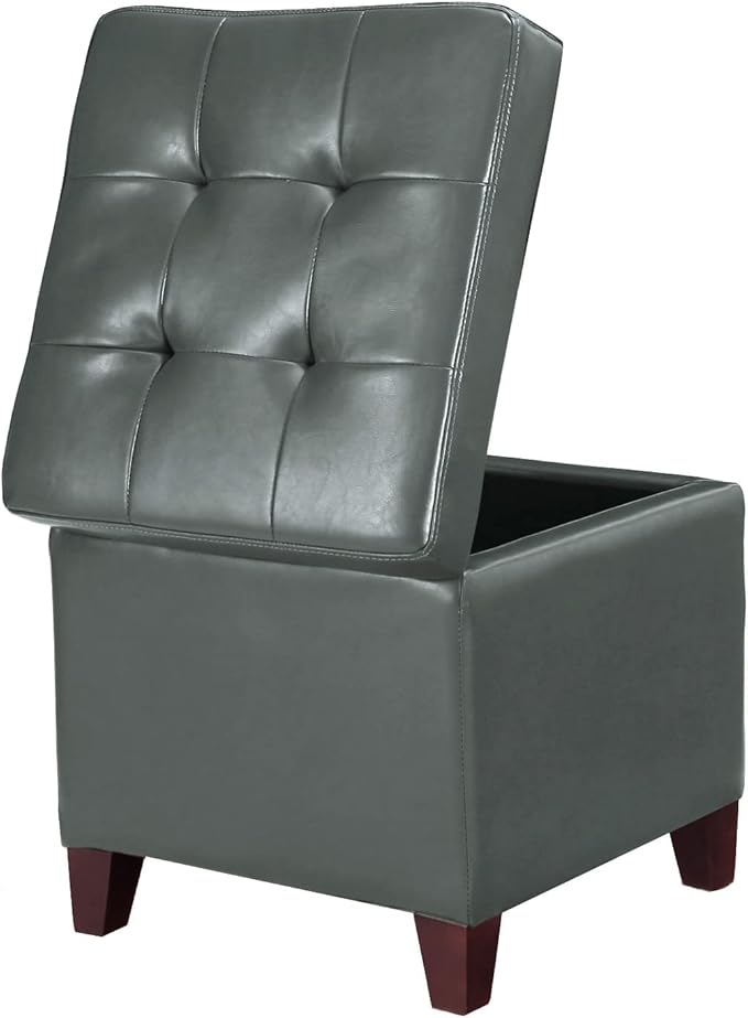 Homebeez Tufted Faux Leather Storage Ottoman Square Cube Foot Rest Stool with Flip Top (Grey)