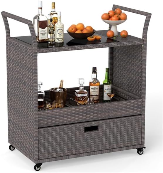 Outdoor Wicker Bar Cart with Drawer, PE Rattan Serving Trolley with Glass Top & Wheels, Mobile Beverage Station for Patio Garden Backyard Poolside, Brown