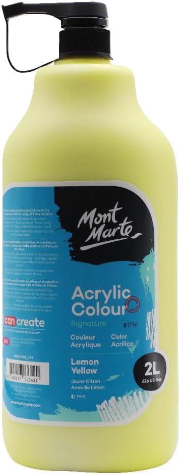 Mont Marte Discovery School Acrylic, Lemon Yellow, 1/2 Gallon (2 Liter). Ideal for Students and Artists. Excellent Coverage and Fast Drying. Pump Lid Included.
