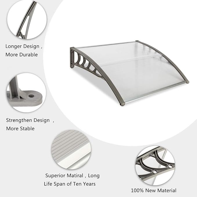 Simply-Me 40" x 40" Door Window Awning Polycarbonate Cover Front Door Outdoor Patio Awning Canopy UV Rain Snow Protection Hollow Sheet (Silver & Gray Bracket)