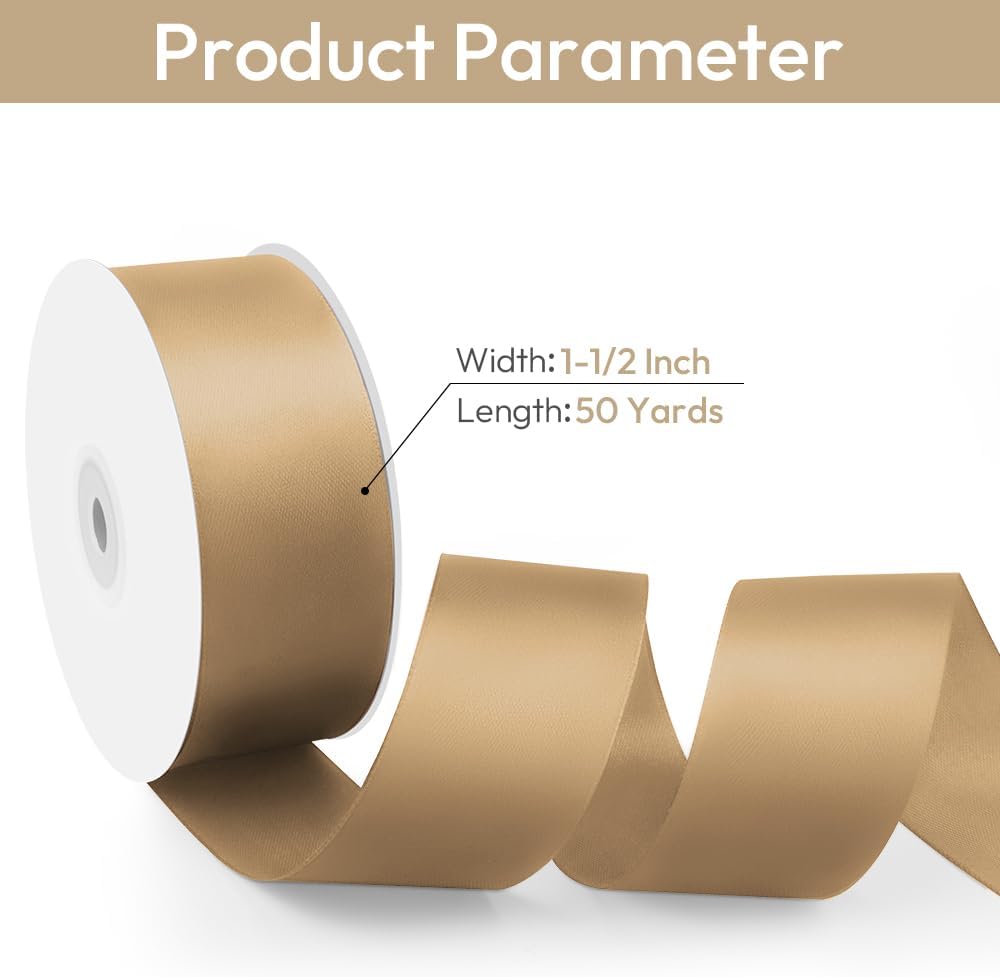 1-1/2" Width x 50 Yards Satin Fabric Ribbon, Champagne Gold Ribbon Perfect for DIY Bows, Swags, Gift Wrapping, Craft, Flower Bouquet，Christmas and Party Decoration